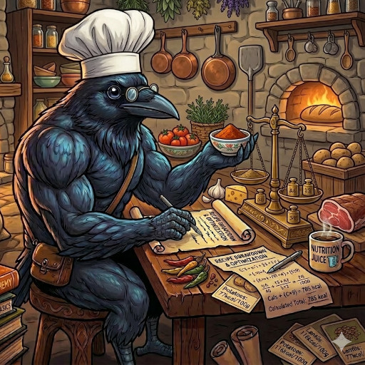Recipe Raven illustration of a raven beside plated food and recipe ingredients